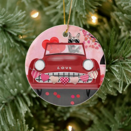 Siberian Husky Driving Car with Hearts Valentines Ceramic Ornament