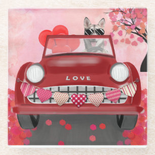 Siberian Husky Driving Car with Hearts Valentine's Glass Coaster