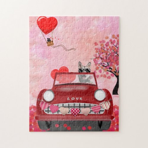 Siberian Husky Driving Car with Hearts Valentines Jigsaw Puzzle