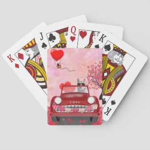 Siberian Husky Driving Car with Hearts Valentine's Poker Cards