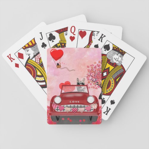 Siberian Husky Driving Car with Hearts Valentines Poker Cards