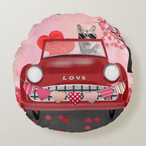 Siberian Husky Driving Car with Hearts Valentines Round Pillow