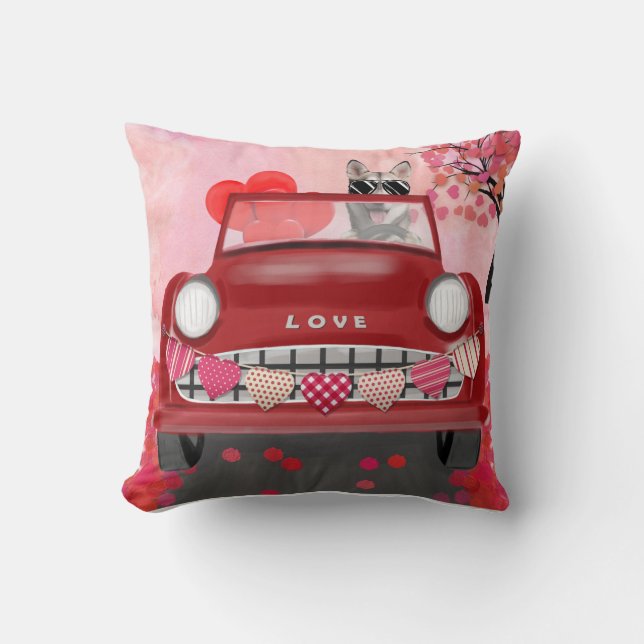 Siberian Husky Driving Car with Hearts Valentine's Throw Pillow (Front)