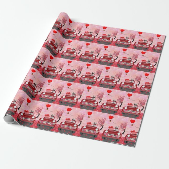 Siberian Husky Driving Car with Hearts Valentine's Wrapping Paper (Unrolled)