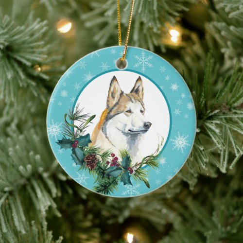 Siberian Husky Evergreen Blue Snowflake Border Ceramic Ornament