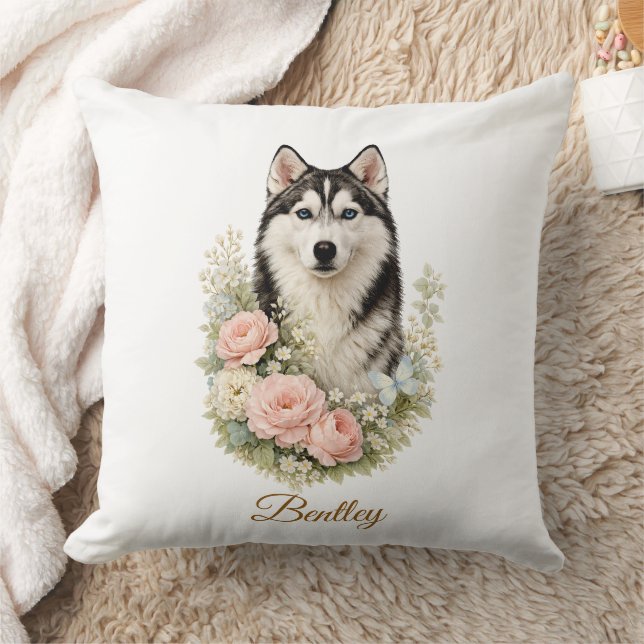 Siberian Husky Floral Portrait Throw Pillow (Blanket)