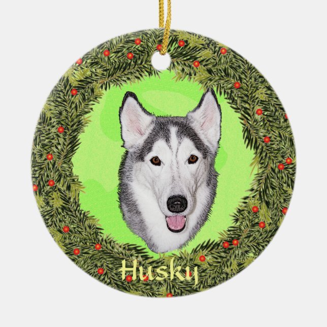 Siberian Husky For Xmas Ceramic Ornament (Front)
