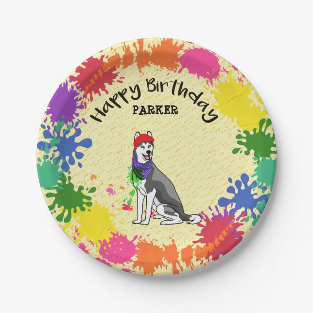 Siberian Husky Fun Paint Splash Art Party  Paper Plates (Front)