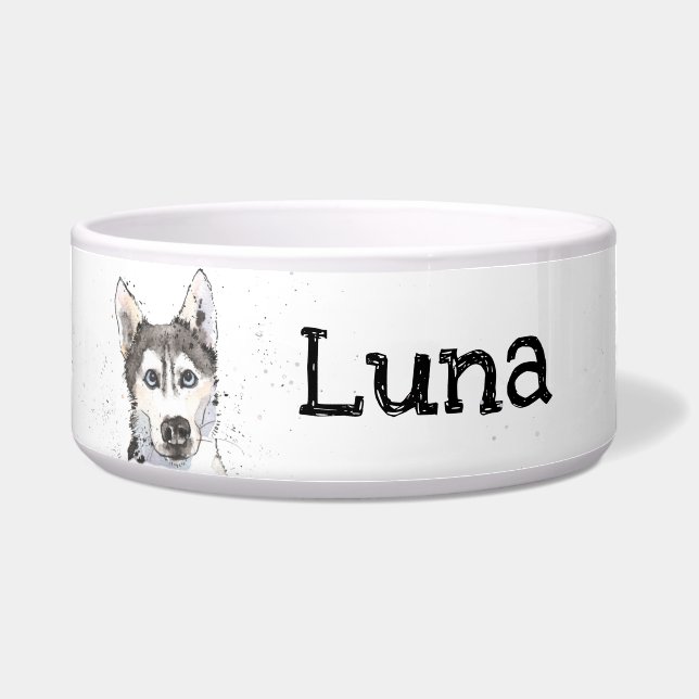 Siberian Husky, funny ink drawing personalized dog Bowl (Front)