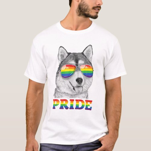 Siberian Husky Gay Pride LGBT Rainbow Flag Sunglas T_Shirt