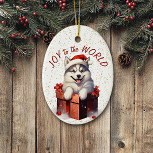 Siberian Husky Gift Box Joy to the World Holiday Ceramic Ornament
