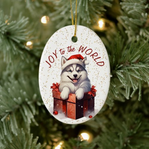 Siberian Husky Gift Box Joy to the World Holiday Ceramic Ornament
