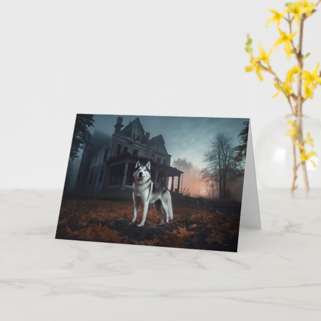 Siberian Husky Halloween Scary  Card (Yellow Flower)
