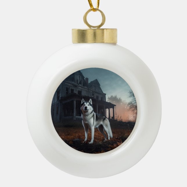 Siberian Husky Halloween Scary  Ceramic Ball Christmas Ornament (Front)