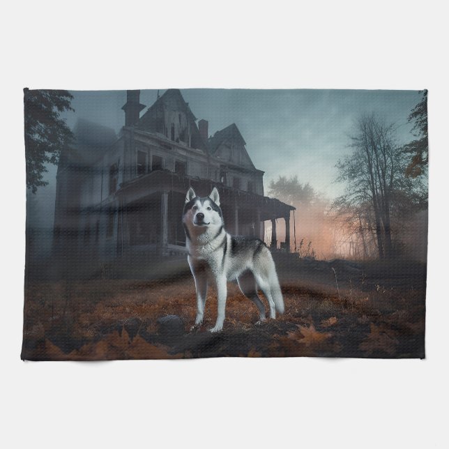 Siberian Husky Halloween Scary  Kitchen Towel (Horizontal)