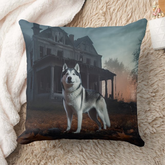 Siberian Husky Halloween Scary  Throw Pillow (Blanket)