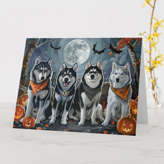 Siberian Husky Halloween Spooky  Card (Yellow Flower)