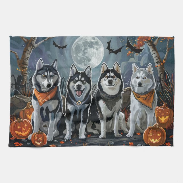 Siberian Husky Halloween Spooky  Kitchen Towel (Horizontal)