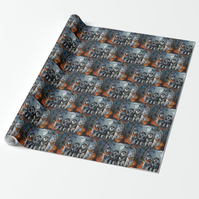 Siberian Husky Halloween Spooky  Wrapping Paper (Unrolled)