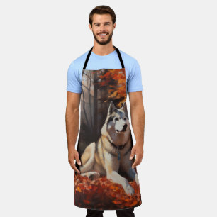 Siberian Husky in Autumn Leaves Fall Inspire  Apron