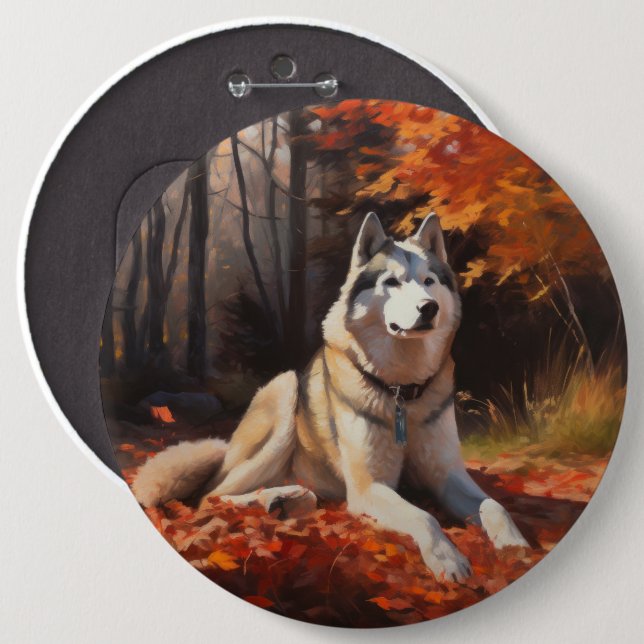 Siberian Husky in Autumn Leaves Fall Inspire  Button (Front & Back)