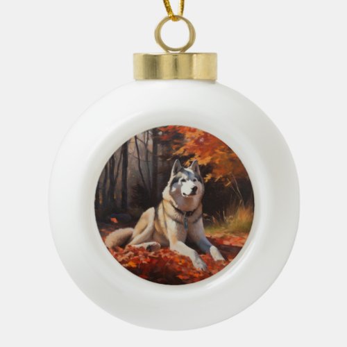 Siberian Husky in Autumn Leaves Fall Inspire  Ceramic Ball Christmas Ornament