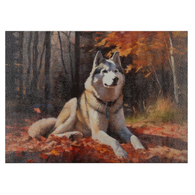 Siberian Husky in Autumn Leaves Fall Inspire  Cutting Board (Front)