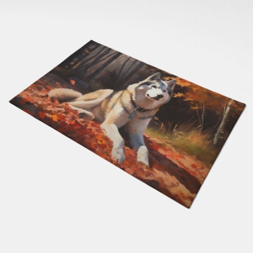 Siberian Husky in Autumn Leaves Fall Inspire  Doormat