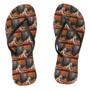 Siberian Husky in Autumn Leaves Fall Inspire Flip Flops