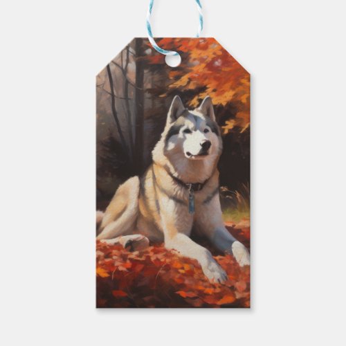 Siberian Husky in Autumn Leaves Fall Inspire  Gift Tags