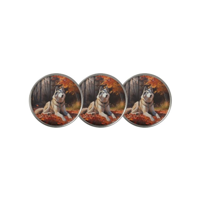 Siberian Husky in Autumn Leaves Fall Inspire  Golf Ball Marker (3 Up)