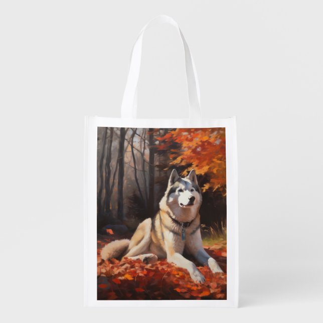 Siberian Husky in Autumn Leaves Fall Inspire  Grocery Bag (Front)
