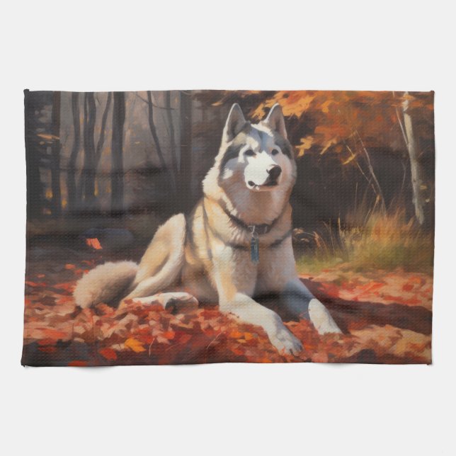 Siberian Husky in Autumn Leaves Fall Inspire  Kitchen Towel (Horizontal)