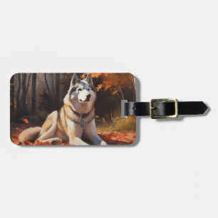 Siberian Husky in Autumn Leaves Fall Inspire Luggage Tag