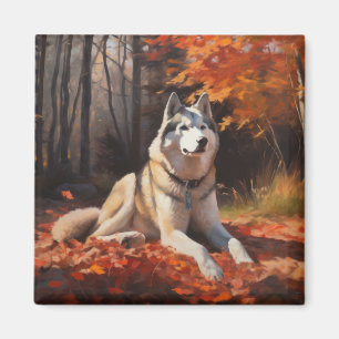 Siberian Husky in Autumn Leaves Fall Inspire Magnet