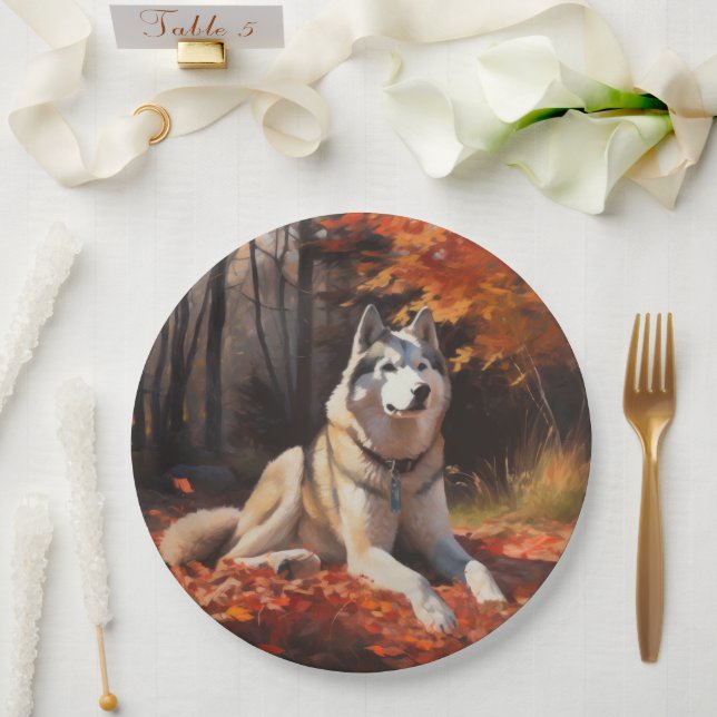 Siberian Husky in Autumn Leaves Fall Inspire  Paper Plates (Wedding)