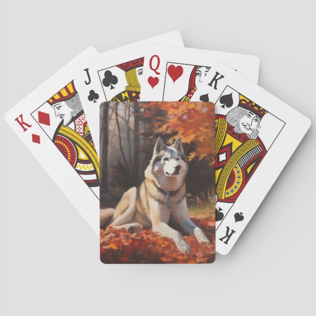 Siberian Husky in Autumn Leaves Fall Inspire  Poker Cards (Back)