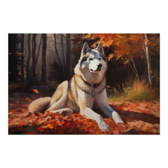 Siberian Husky in Autumn Leaves Fall Inspire  Poster (Front)