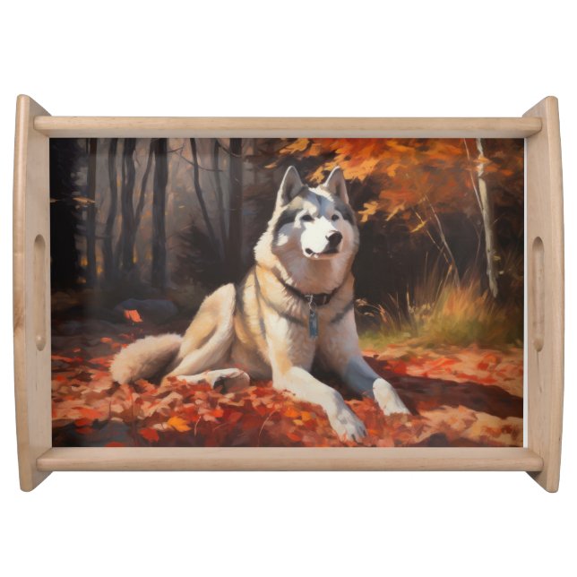Siberian Husky in Autumn Leaves Fall Inspire  Serving Tray (Front)