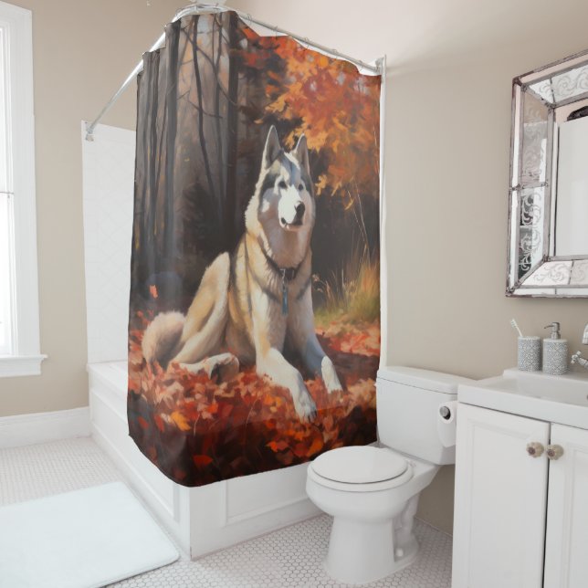 Siberian Husky in Autumn Leaves Fall Inspire  Shower Curtain (In Situ)
