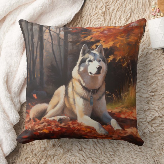 Siberian Husky in Autumn Leaves Fall Inspire  Throw Pillow (Blanket)