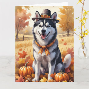 Siberian Husky In Autumn Leaves Thanksgiving Art Card