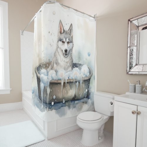 Siberian Husky In Bathtub Watercolor Dog Art  Shower Curtain