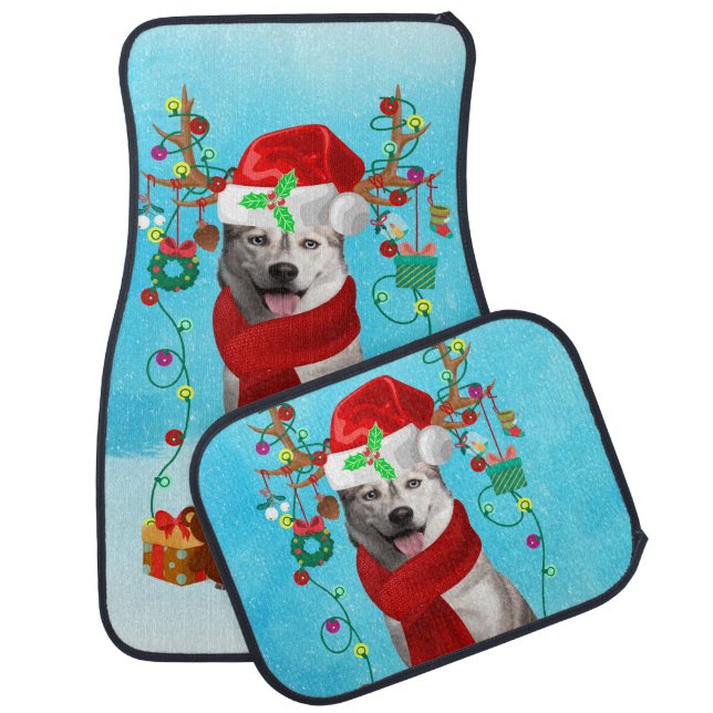 siberian husky in snow with Christmas gifts  Car Floor Mat (Set)