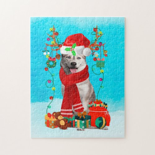 siberian husky in snow with Christmas gifts Jigsaw Puzzle