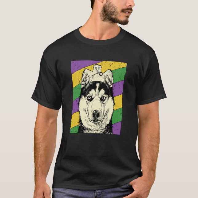 Siberian Husky Jester Mardi Gras Dog Mom or Dad T-Shirt (Front)