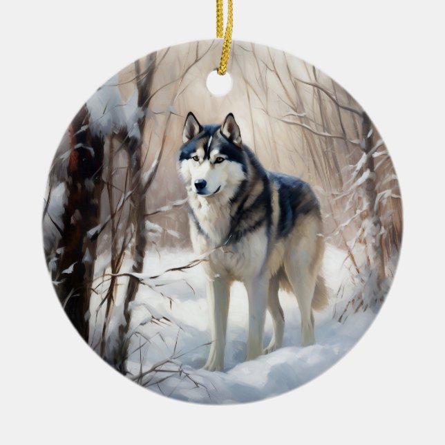 Siberian Husky Let It Snow Christmas Ceramic Ornament (Front)