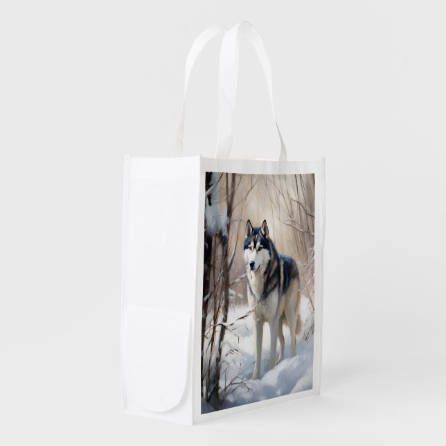 Siberian Husky Let It Snow Christmas Grocery Bag (Front Side)