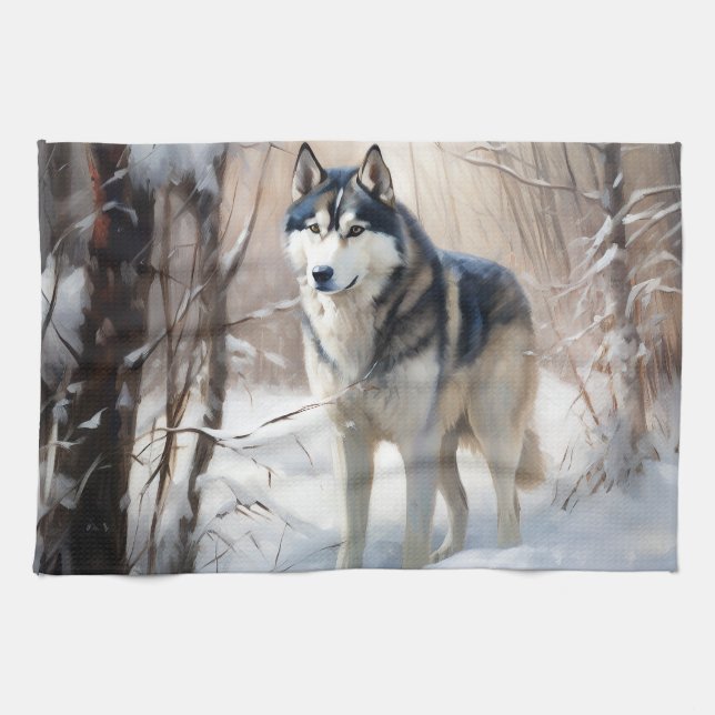 Siberian Husky Let It Snow Christmas Kitchen Towel (Horizontal)