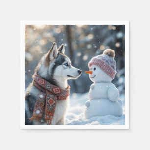 Siberian Husky Looking At a Snowman Napkins